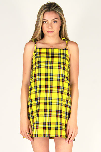 yellow plaid dress Ribbon Square Neck Dress