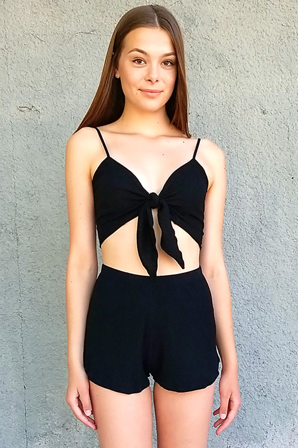 Front Tie Bralette and Shorts - Black Scrunchy