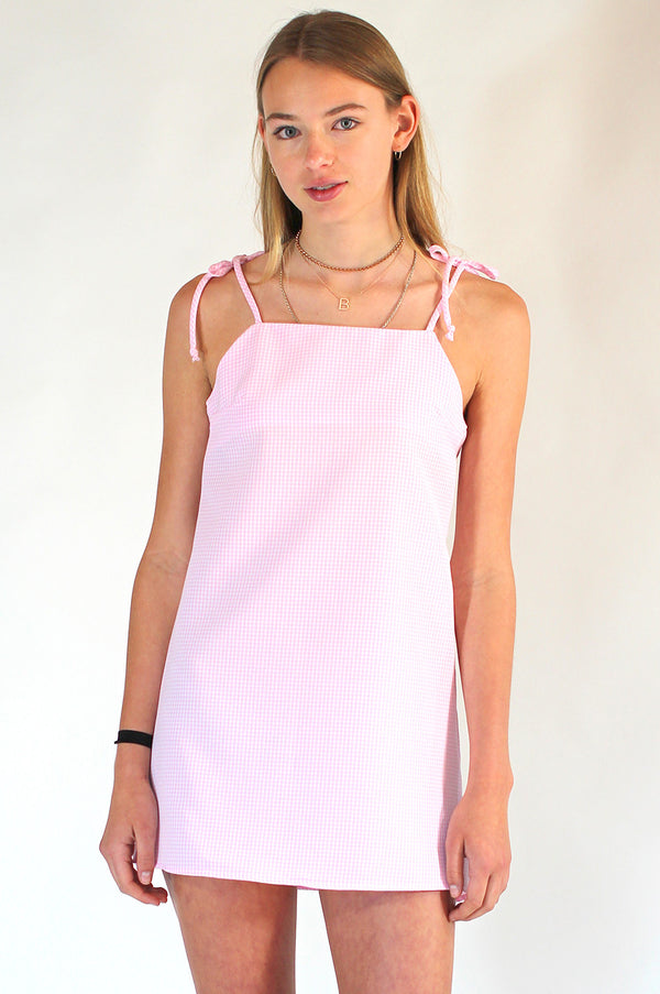 Ribbon Square Neck Dress - Pink Gingham