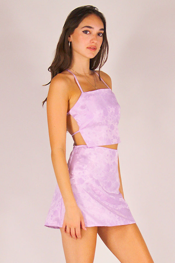 Backless Crop Top and Skirt - Lavender Satin with Roses