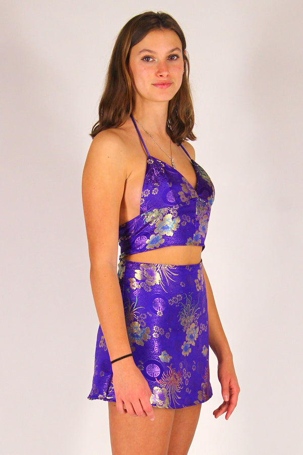 Bralette and Skirt - Purple Satin with Flowers