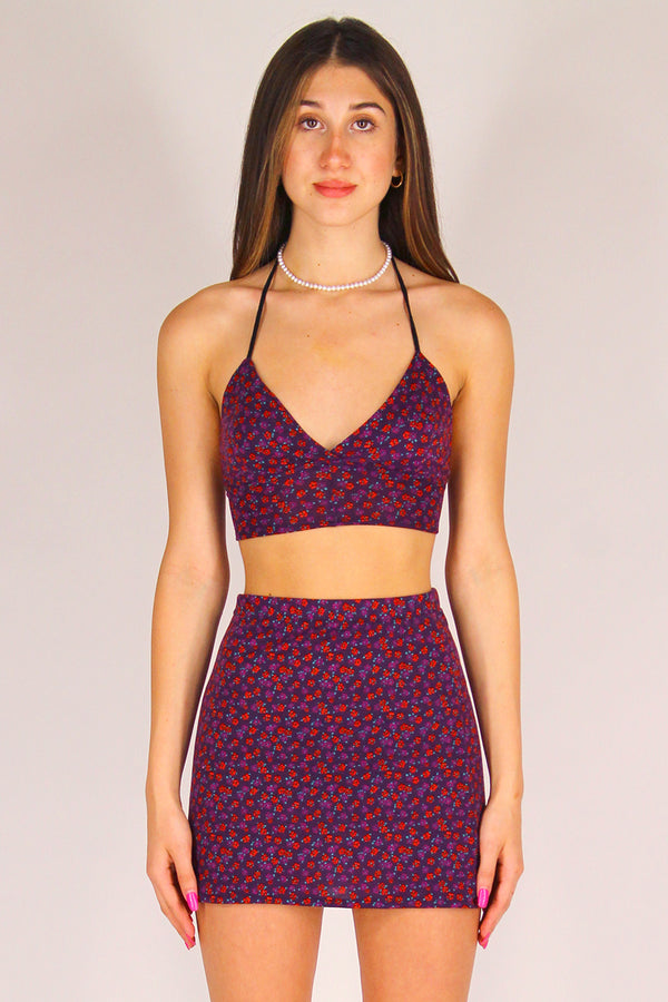 Bralette and Skirt - Stretchy Purple with Red Floral