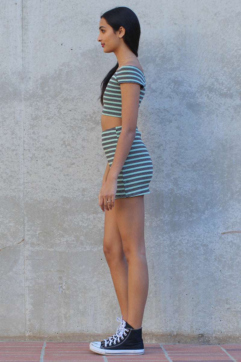 Off Shoulder Crop Top and Skirt - Stretchy Green Stripe