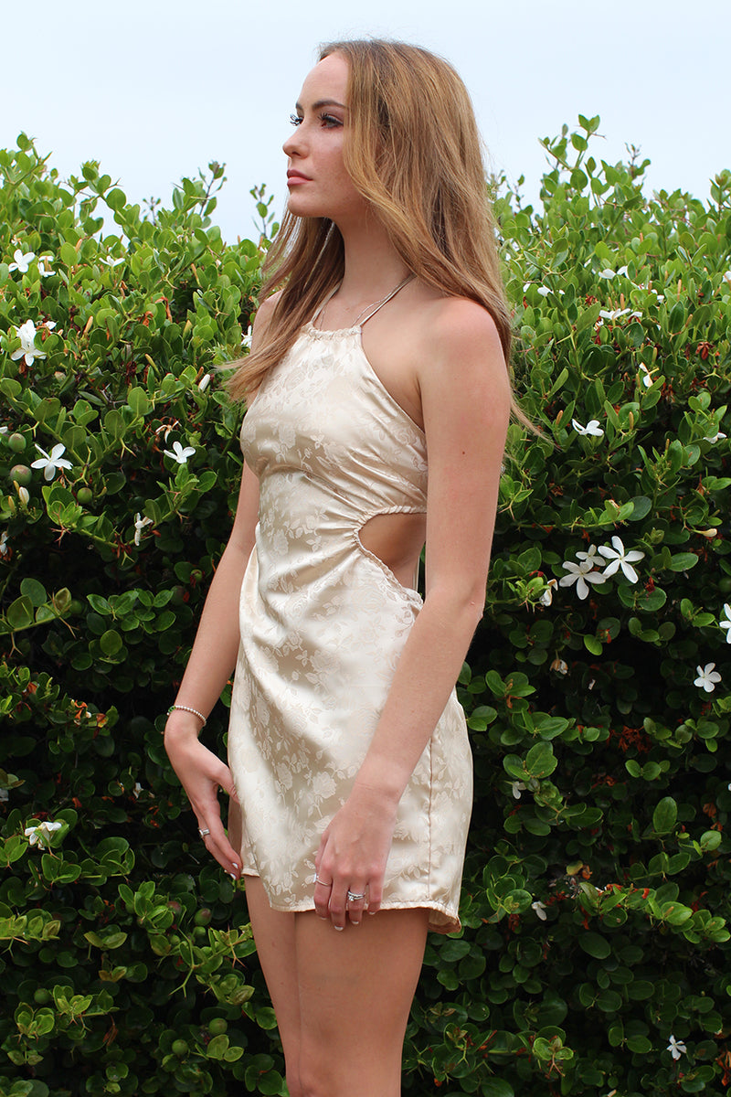 Cut-out Halter Dress - Champagne Satin with Roses