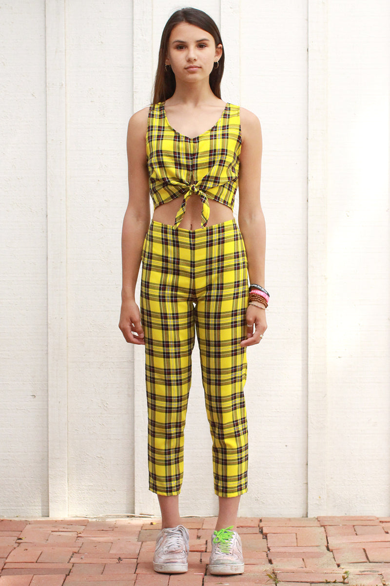 Front Tie Tank Top and Pants - Yellow Plaid