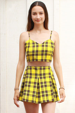 Adjustable Cami Top and Pleated Skirt - Yellow Plaid