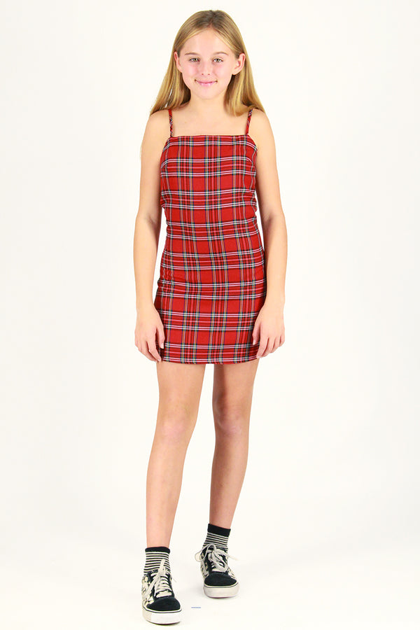 Fitted Square Strap Dress - Red Plaid