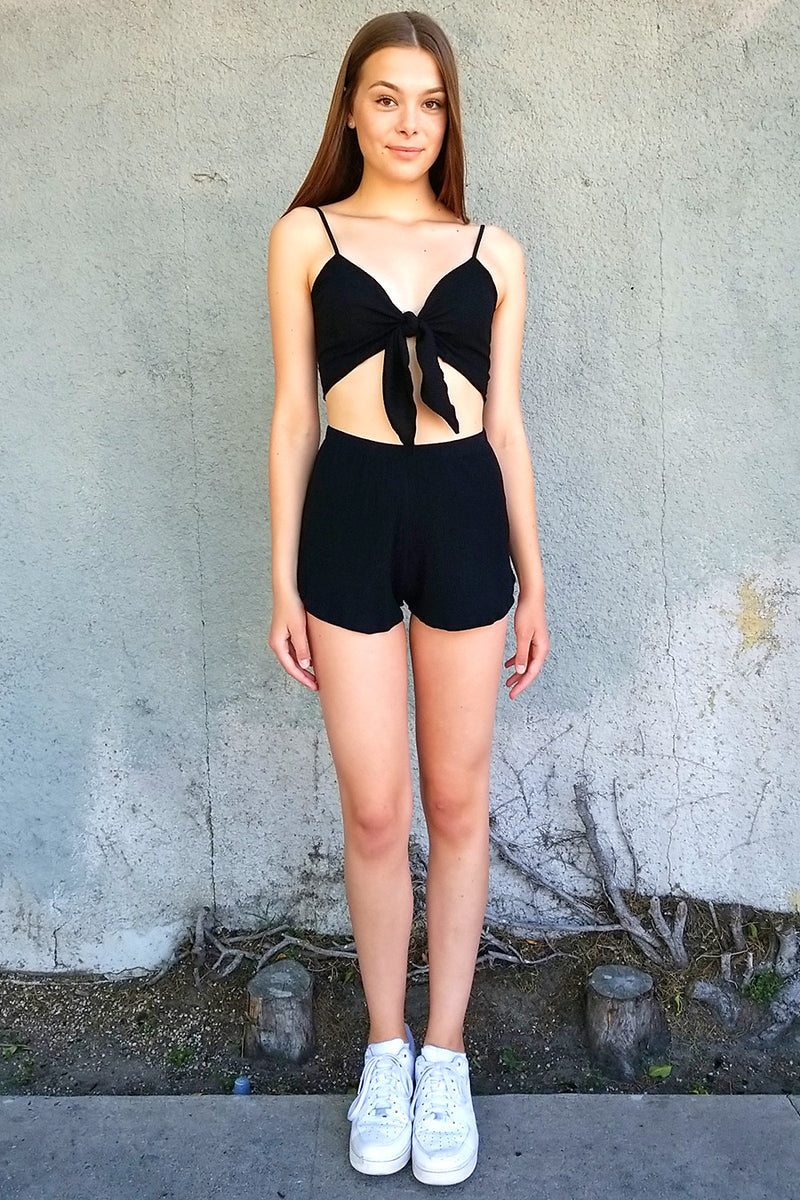 Front Tie Bralette and Shorts - Black Scrunchy