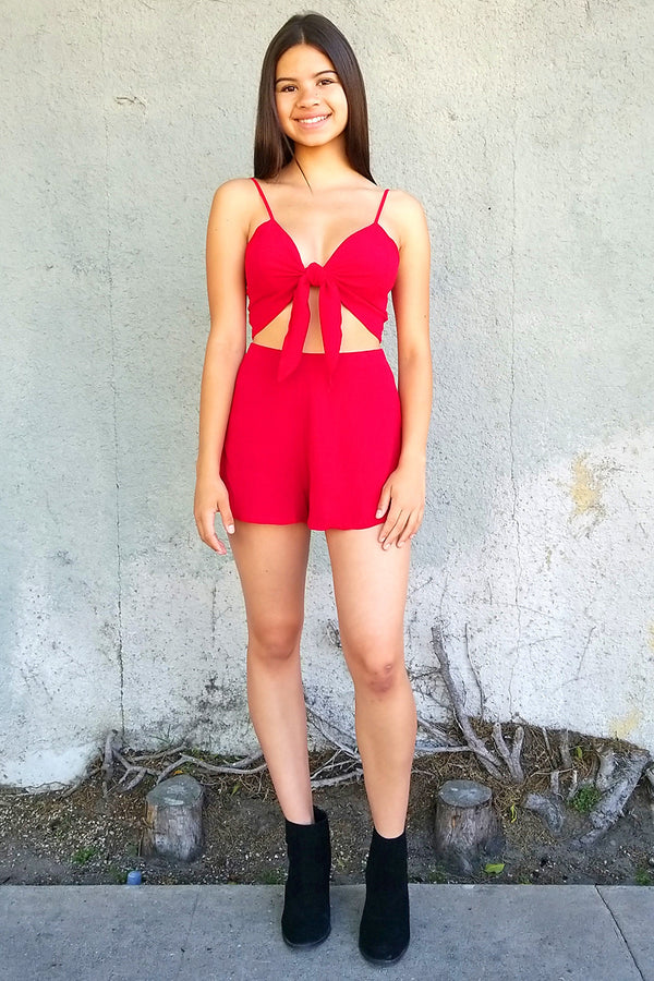 Front Tie Bralette and Shorts - Red Scrunchy