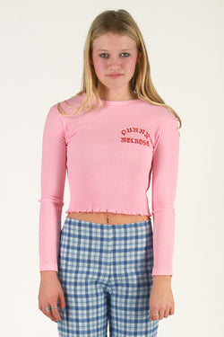 Purrr Melrose Ribbed Long Sleeve Shirt - Pink with Red Embroidered Logo