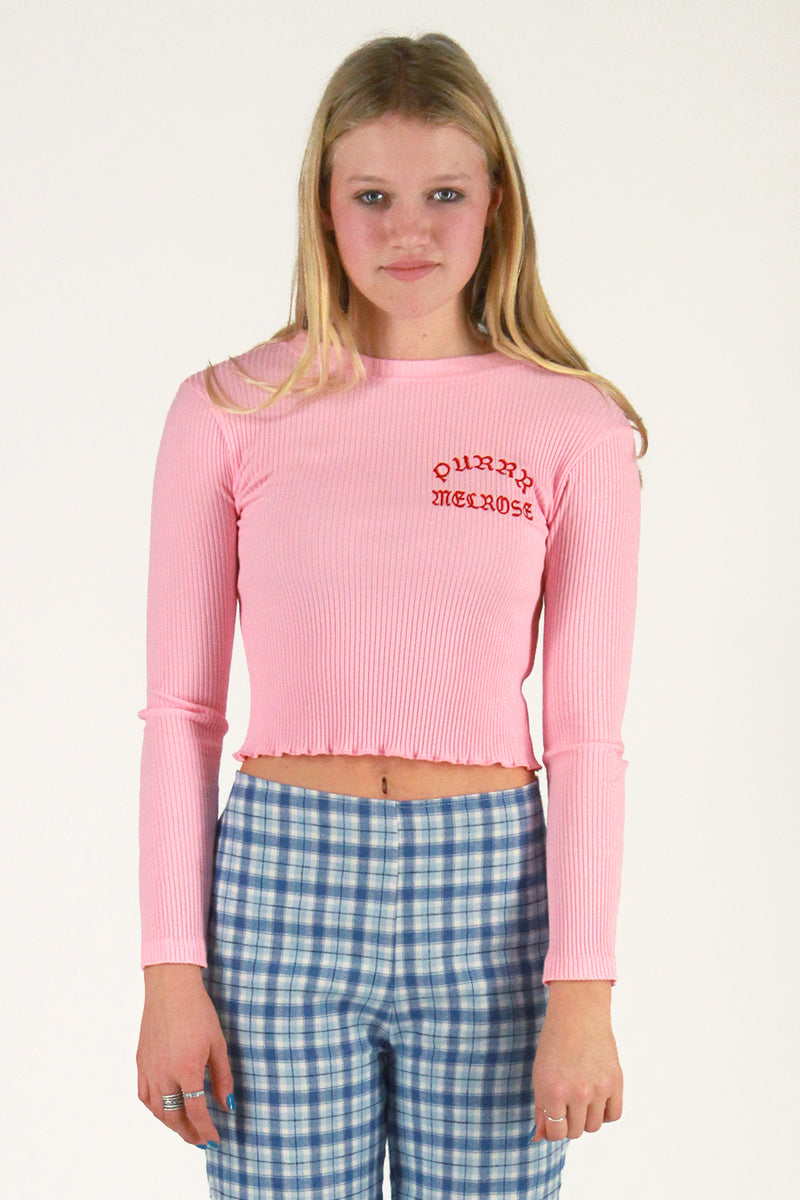 Purrr Melrose Ribbed Long Sleeve Shirt - Pink with Red Embroidered Logo