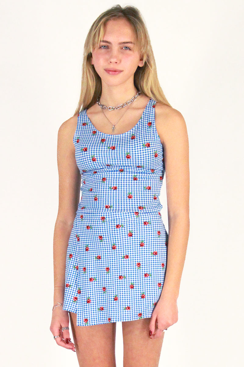 Tank Top - Stretchy Blue Checker with Roses