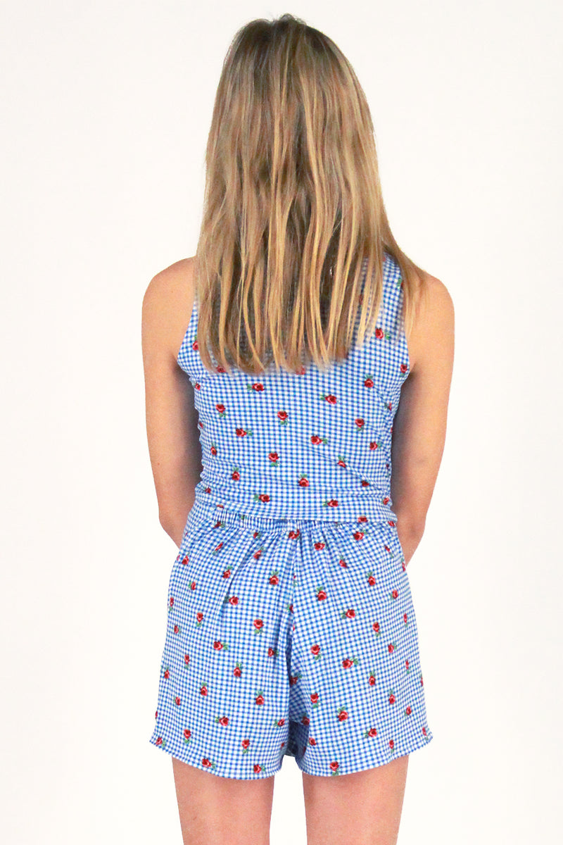 Tank Top - Stretchy Blue Checker with Roses