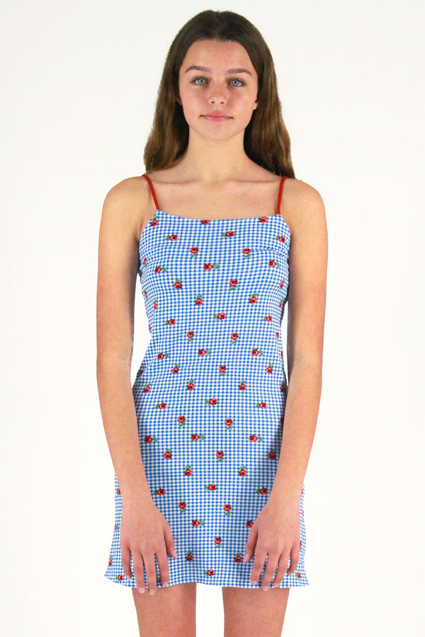 Adjustable Strap Dress - Stretchy Blue Checker with Roses