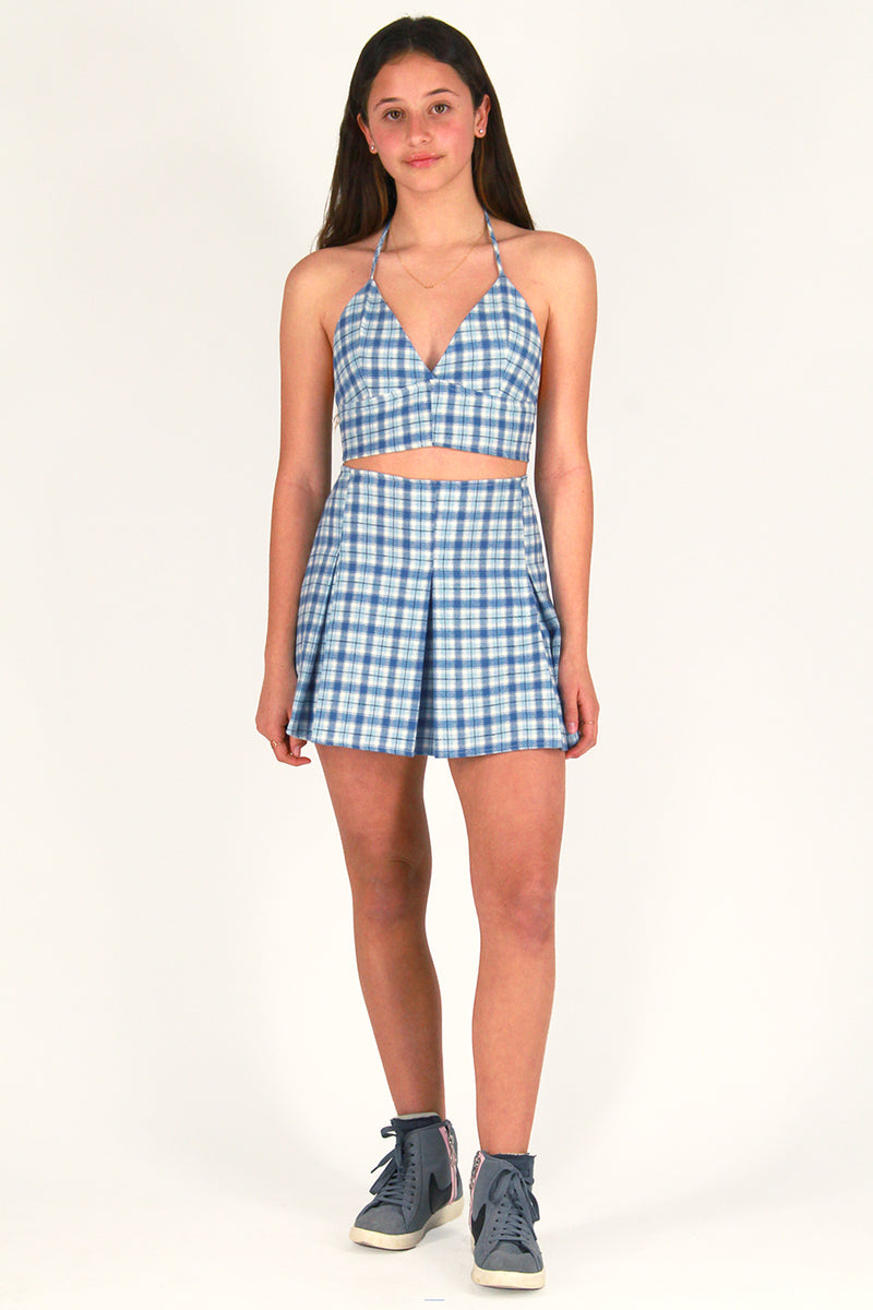 Bralette and  Pleated Skirt - Flannel Blue Plaid