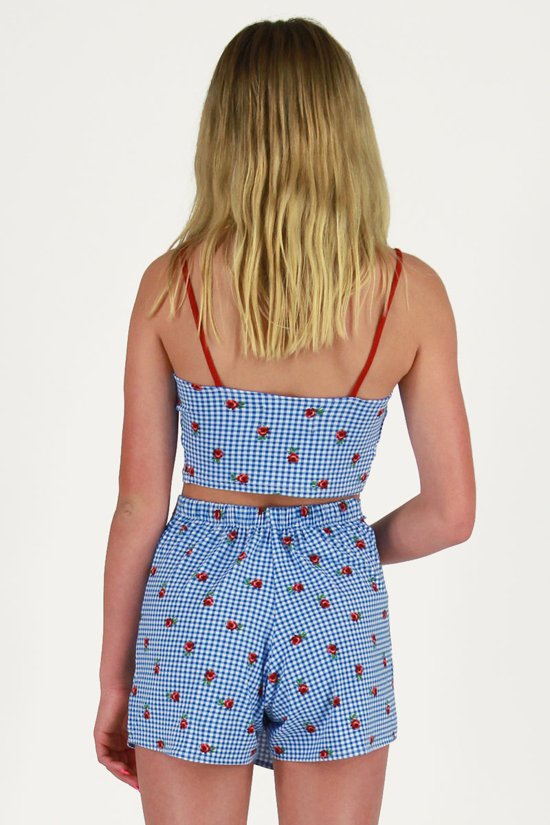 Cami Top and Skorts - Stretchy Blue Checker with Roses