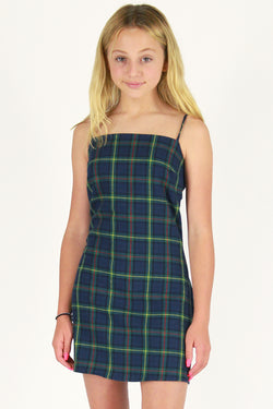 Fitted Square Strap Dress - Flannel Blue Green Plaid