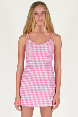 Adjustable Lace Back Dress - Flannel Pink Checker