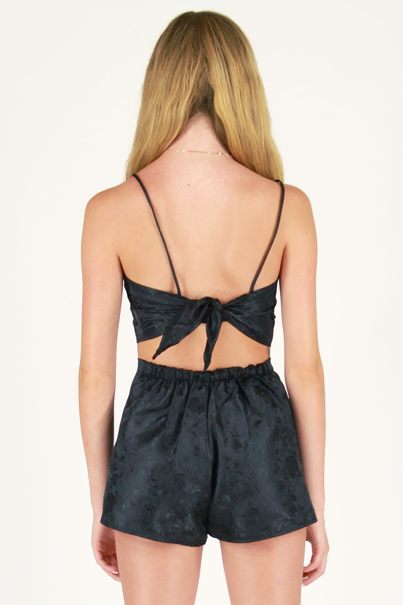 Adjustable Cami Top - Black Satin with Roses