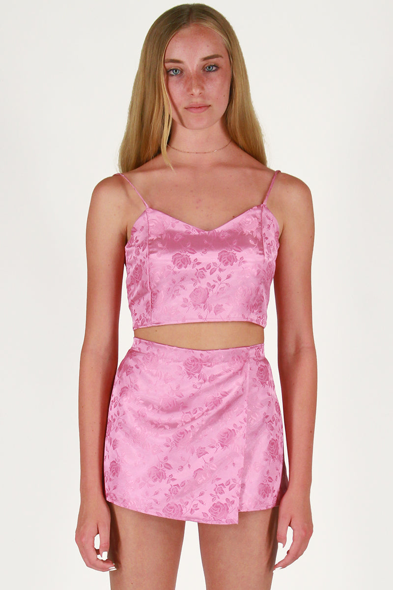 Adjustable Cami Top and Skorts - Pink Satin with Roses