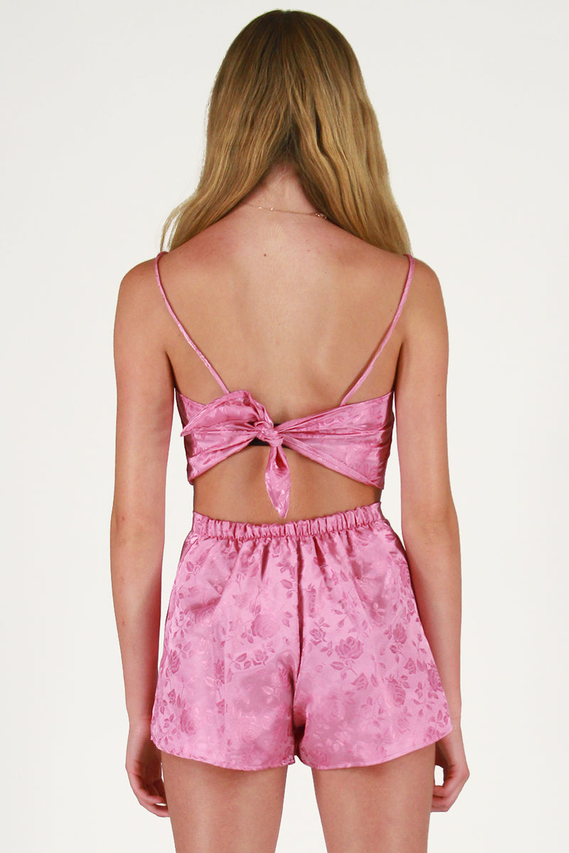 Adjustable Cami Top and Skorts - Pink Satin with Roses