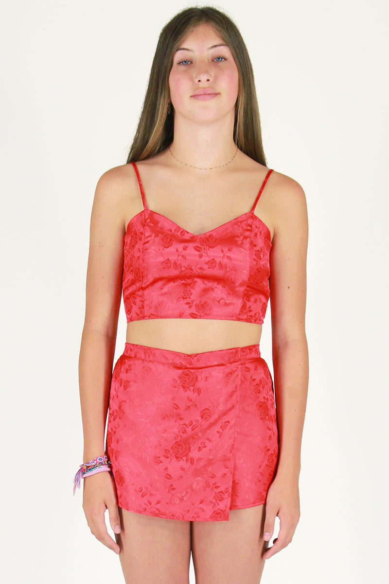 Adjustable Cami Top and Skorts - Red Satin with Roses