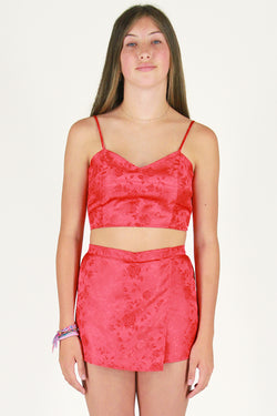 Adjustable Cami Top - Red Satin with Roses