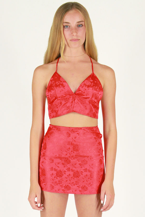 Skirt - Red Satin with Roses