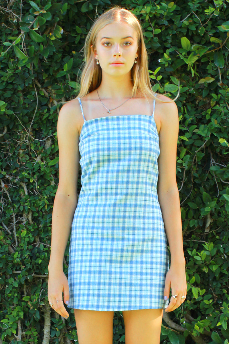 plaid blue dress Fitted Square Strap Dress