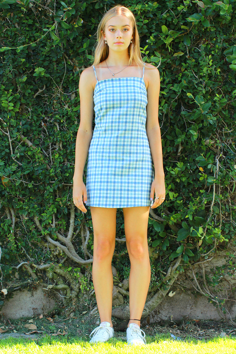 Fitted Square Strap Dress - Flannel Blue Plaid