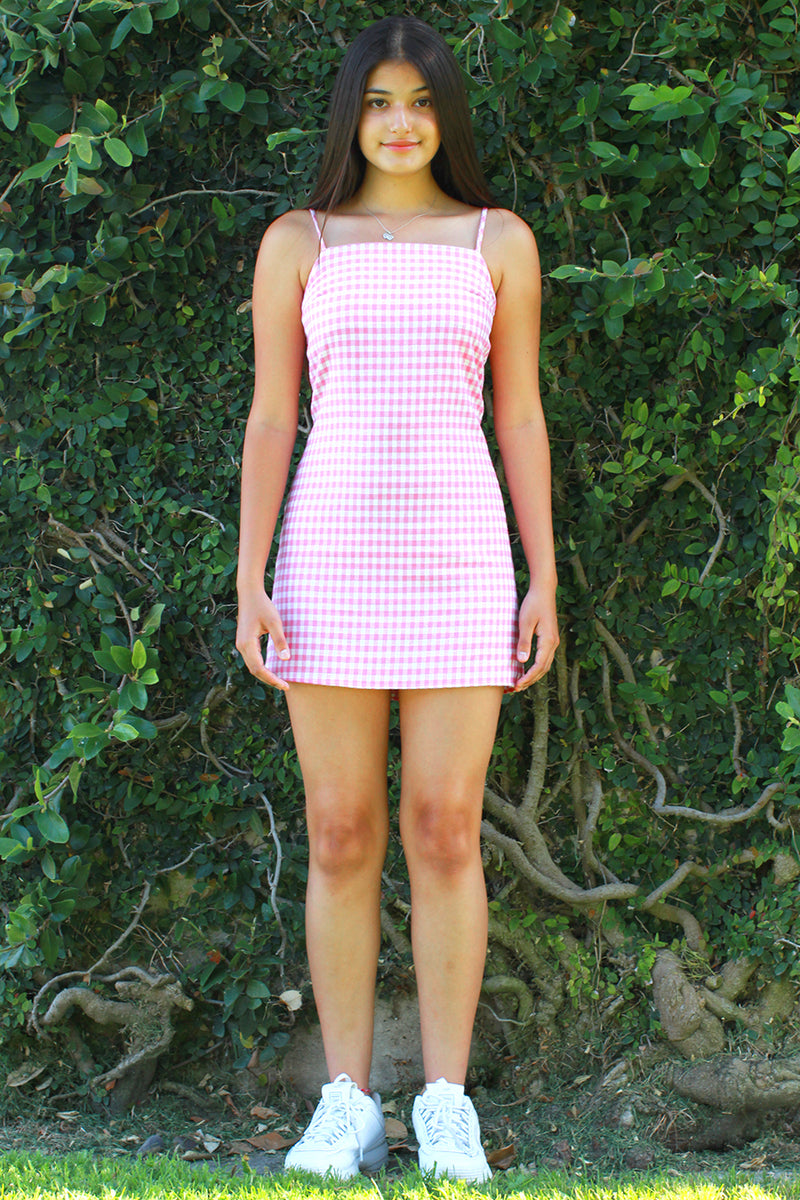 Fitted Square Strap Dress - Flannel Pink Checker