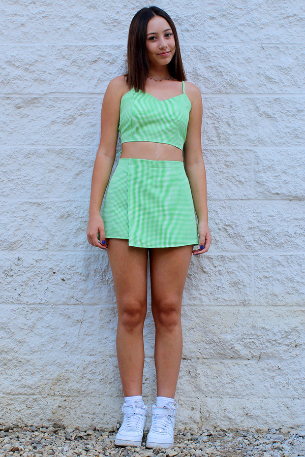 Adjustable Cami Top and Skorts - Lime Green Gingham