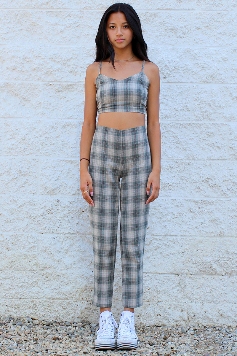 Adjustable Cami Top and Pants - Flannel Green Beige Plaid