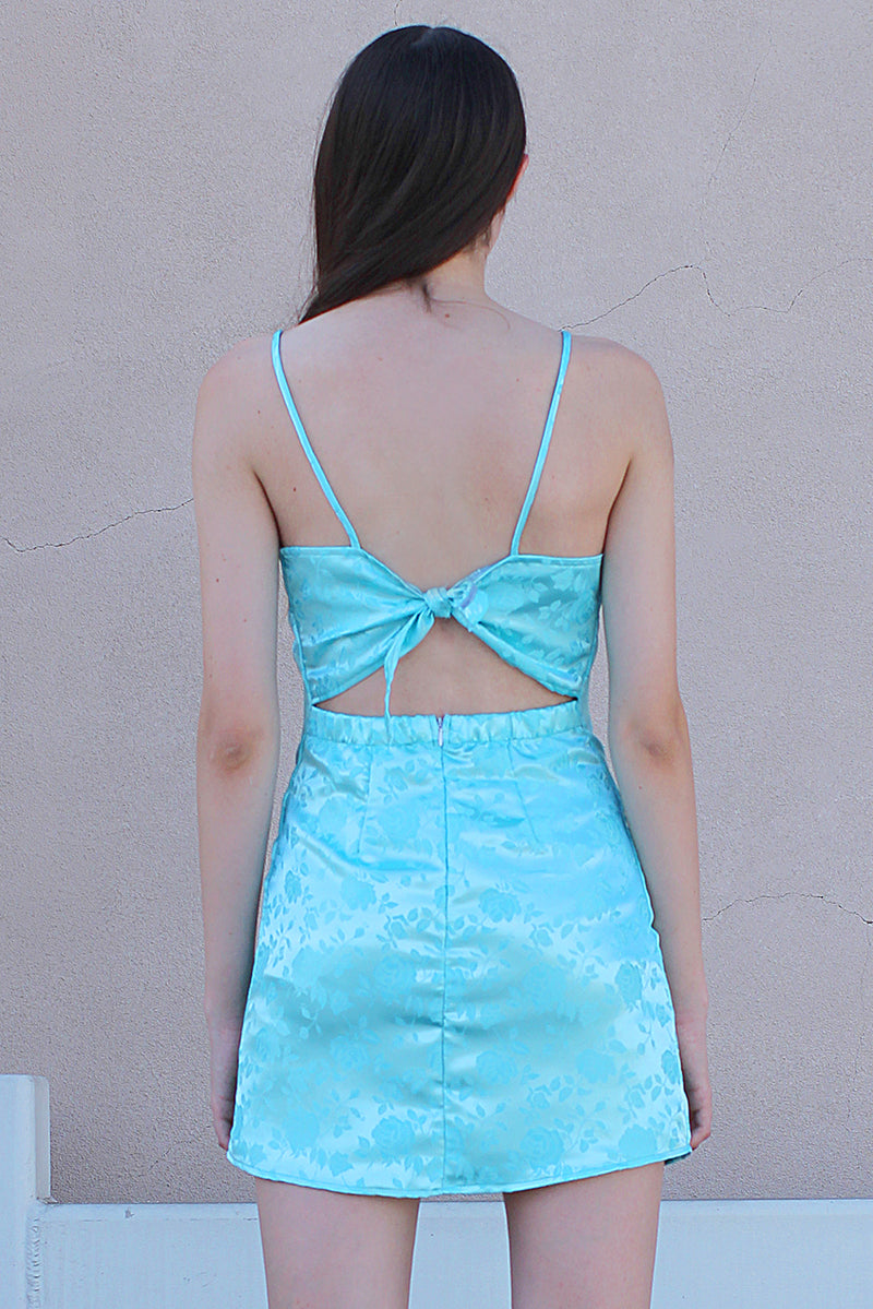 Adjustable Satin Dress - Baby Blue with Roses