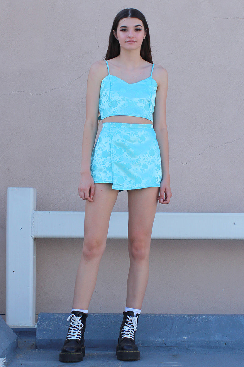 Adjustable Cami Top and Skorts - Baby Blue Satin with Roses