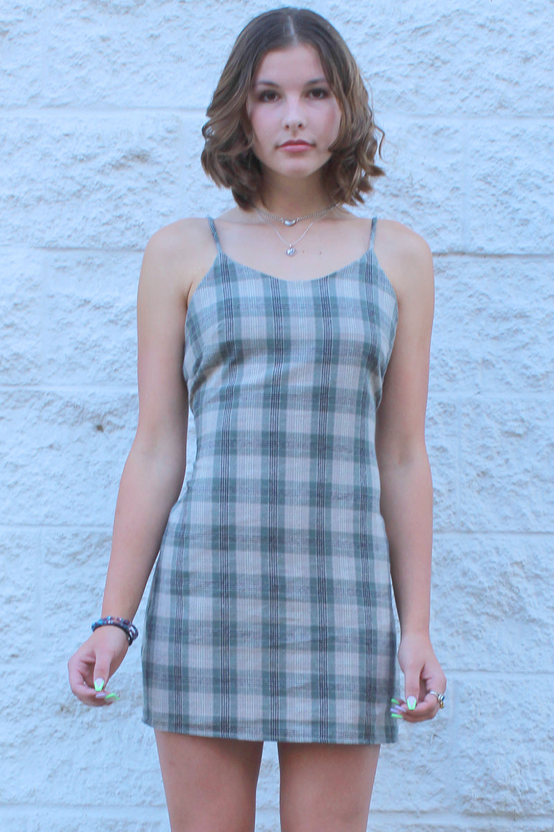 Adjustable Lace Back Dress - Flannel Green Beige Plaid
