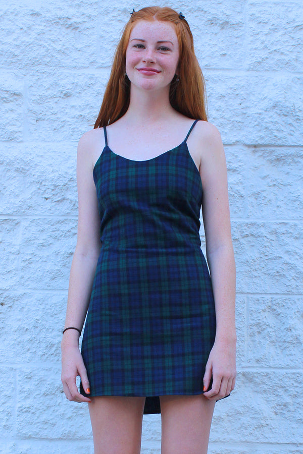 Adjustable Lace Back Dress - Flannel Navy Green Plaid