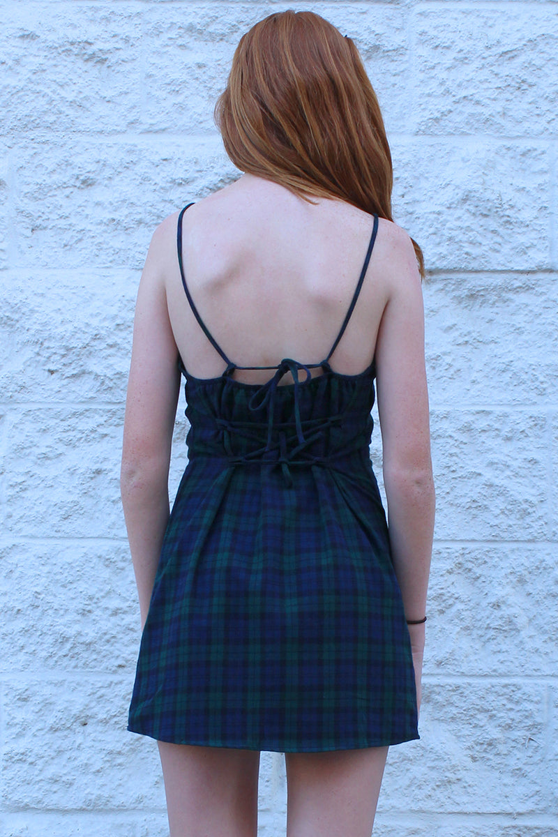 Adjustable Lace Back Dress - Flannel Navy Green Plaid
