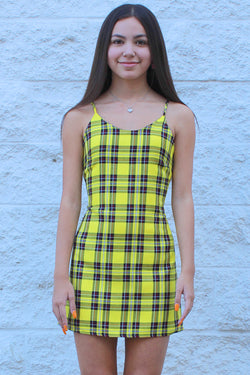 Adjustable Lace Back Dress - Yellow Plaid