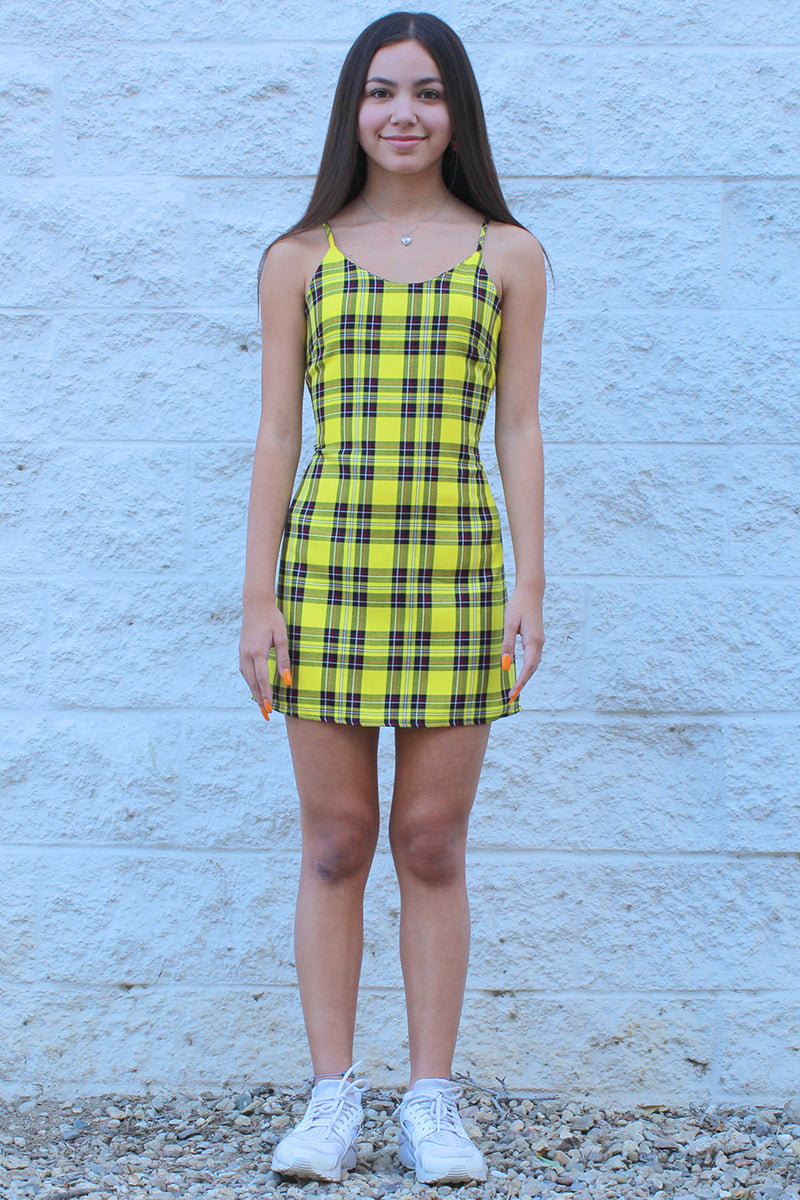Adjustable Lace Back Dress - Yellow Plaid