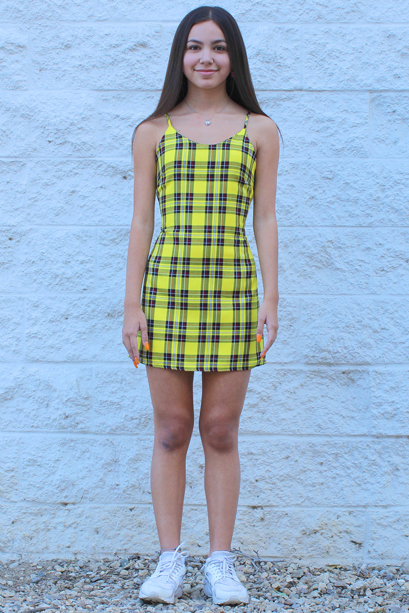 Adjustable Lace Back Dress - Yellow Plaid purrrshop Adjustable Lace Back Dress - Yellow Plaid purrrshop