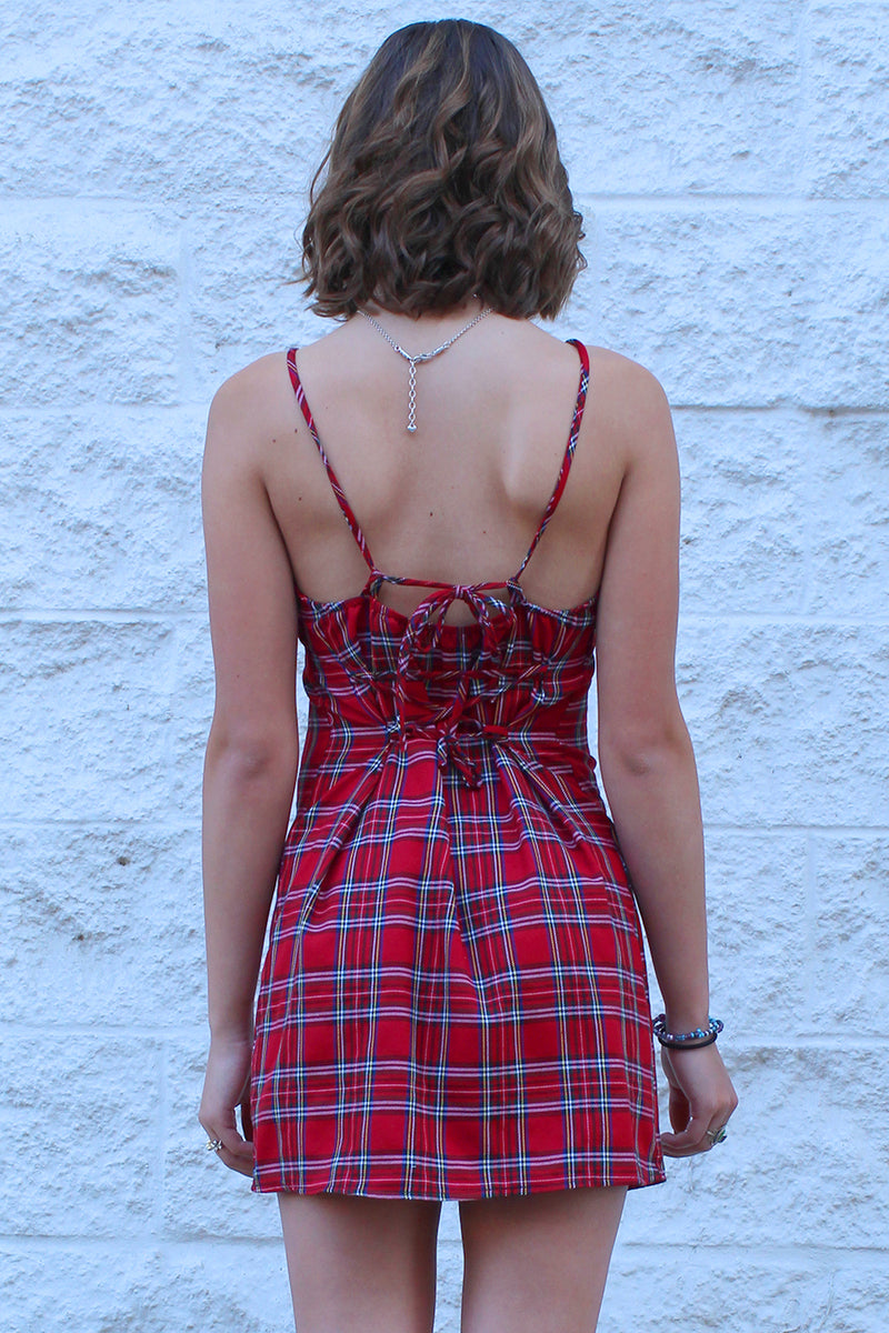 Adjustable Lace Back Dress - Red Plaid