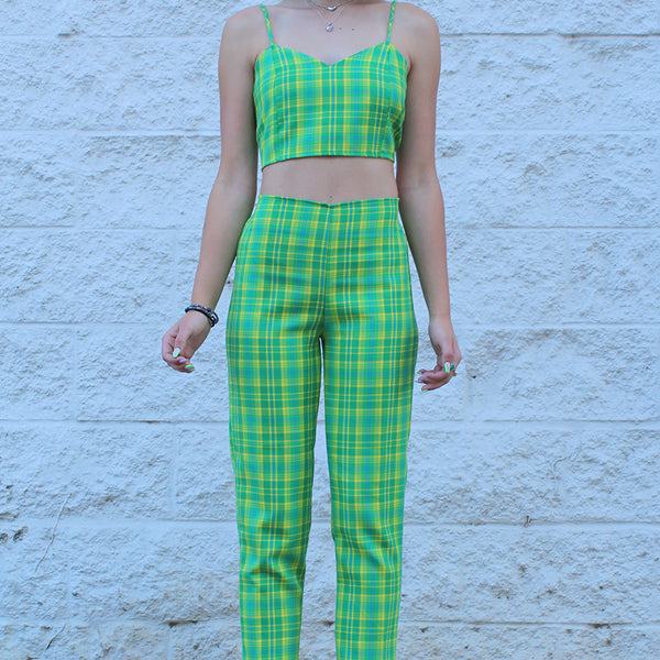 Lime green outlet plaid pants