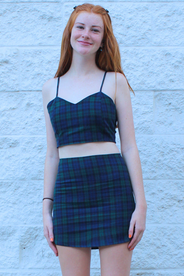 Adjustable Cami Top and Skirt - Flannel Navy Green Plaid