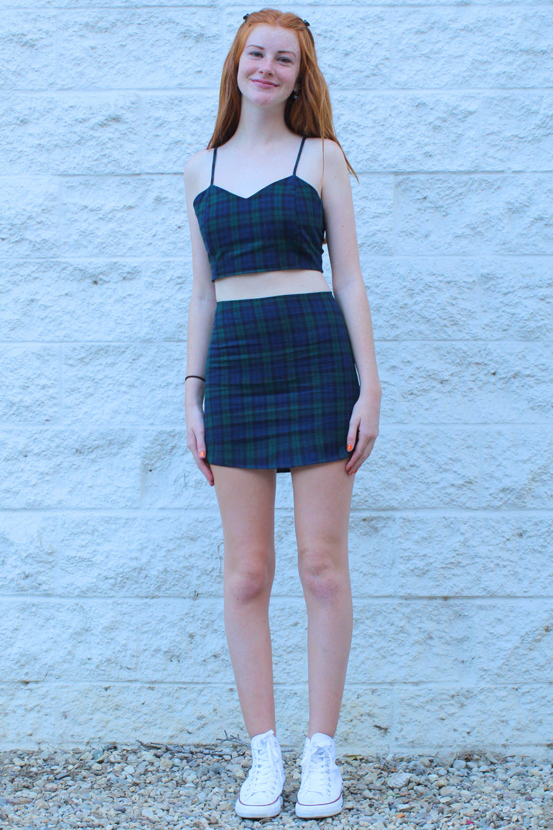 Adjustable Cami Top and Skirt - Flannel Navy Green Plaid