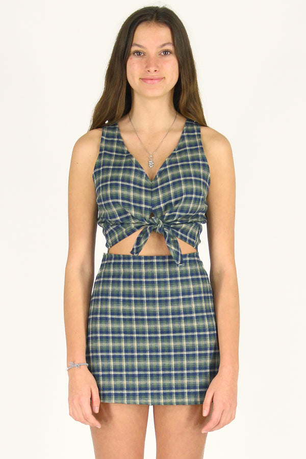 Front Tie Tank Top and Skirt - Flannel Green Plaid