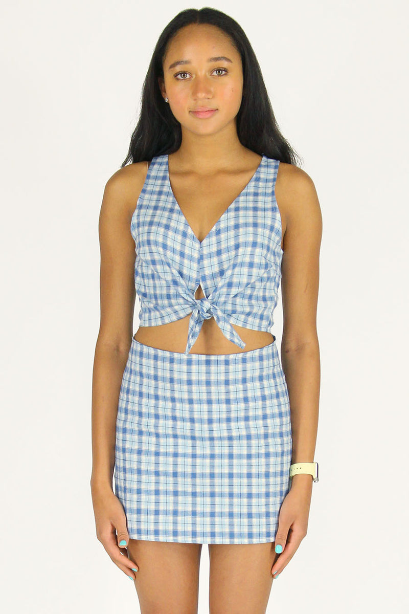 Front Tie Tank Top and Skirt - Flannel Blue Plaid