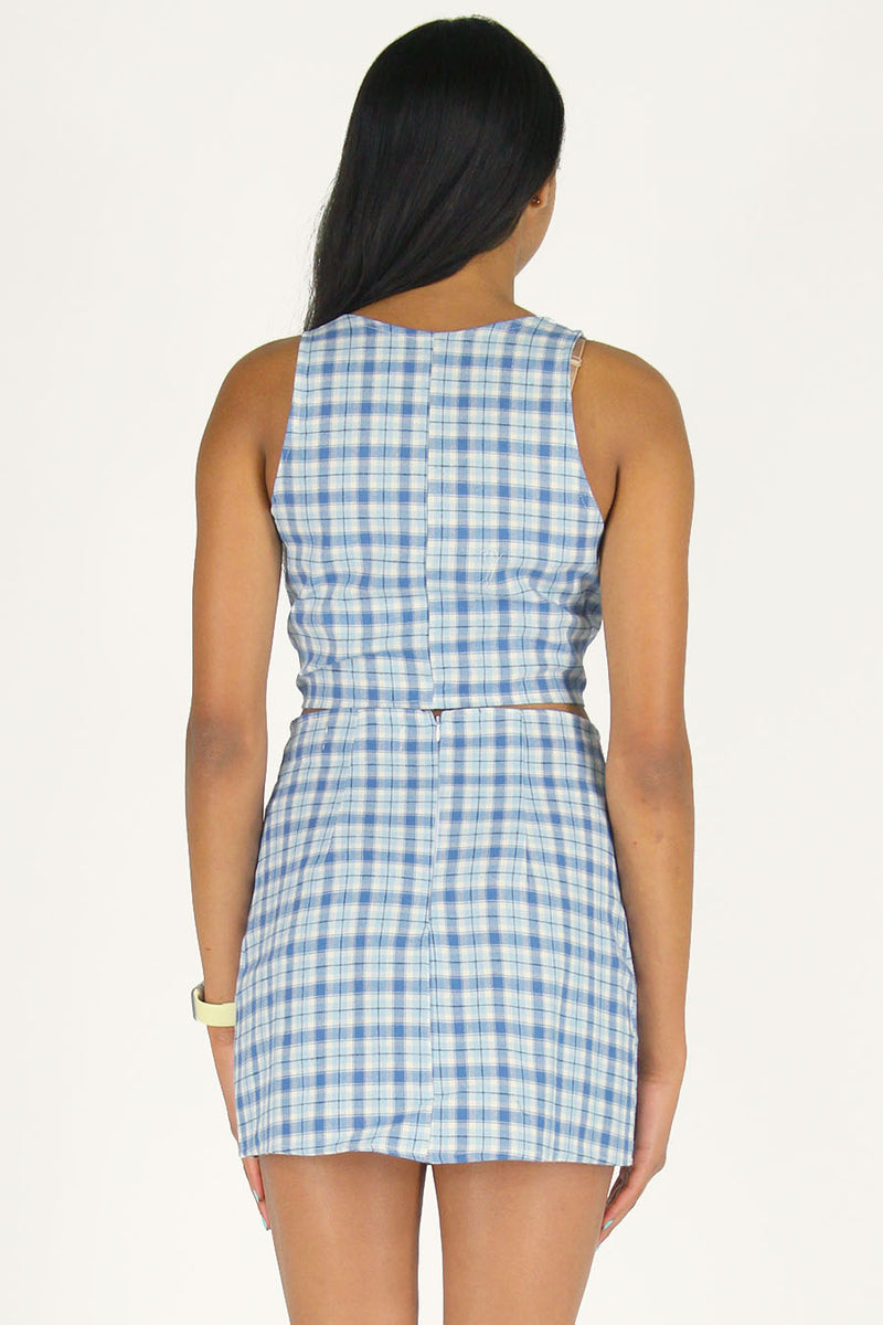Front Tie Tank Top and Skirt - Flannel Blue Plaid