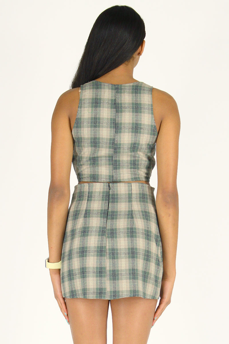 Front Tie Tank Top and Skirt - Flannel Green Beige Plaid