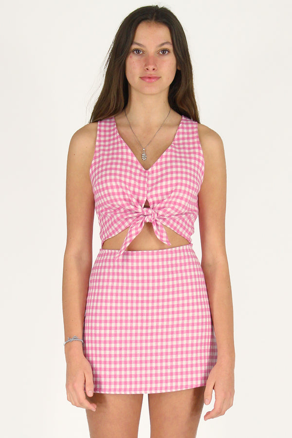 Front Tie Tank Top and Skirt - Flannel Pink Checker